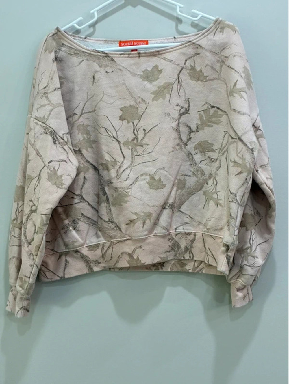 Wide neck off the shoulder camo sweatshirt